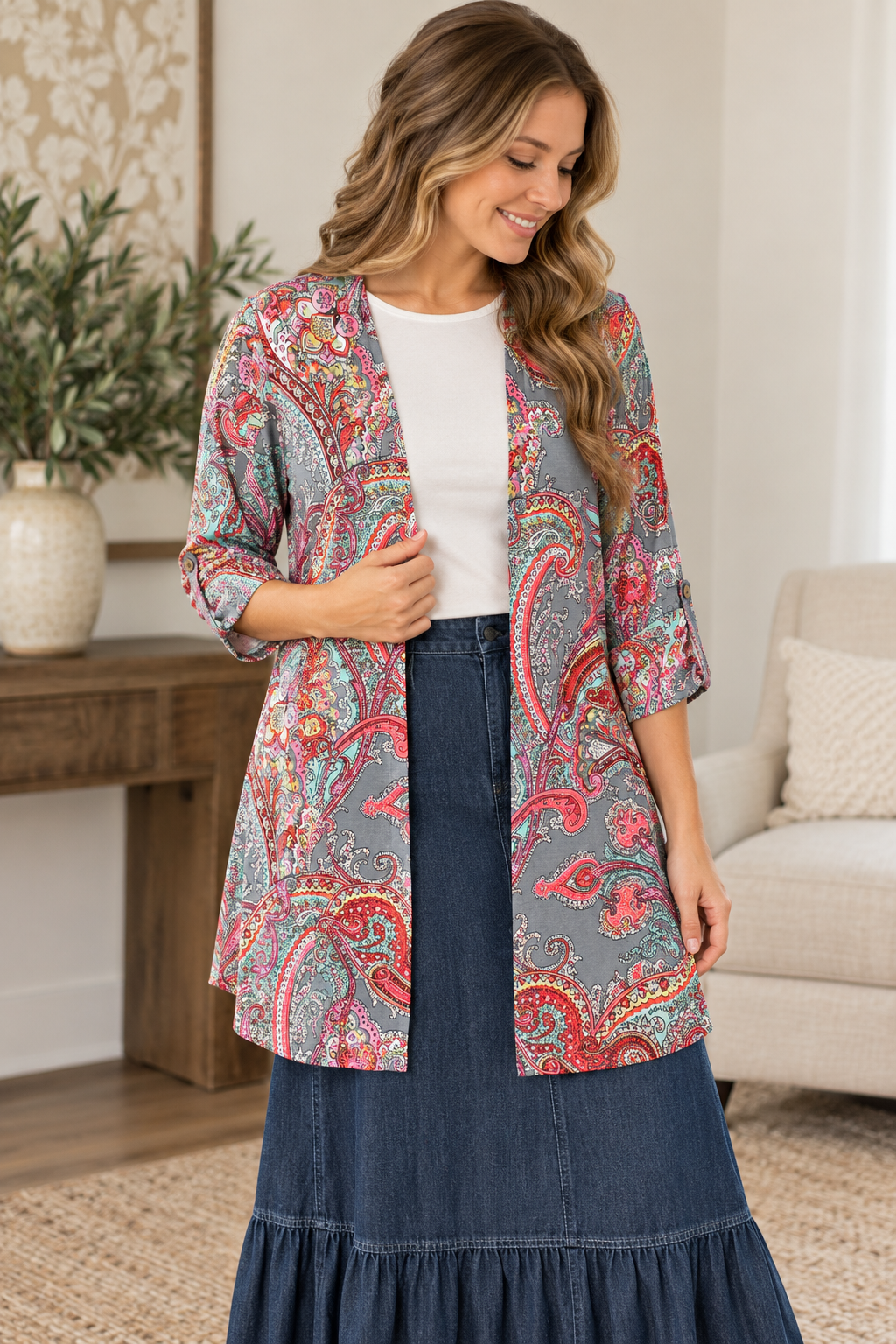 Dear Scarlett gray multi paisley open-front cardigan styled with a white layering top and denim maxi skirt