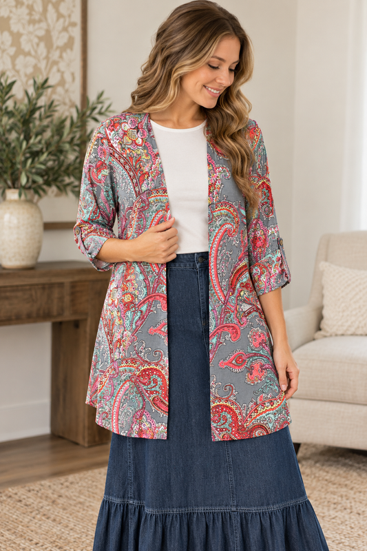 Dear Scarlett gray multi paisley open-front cardigan styled with a white layering top and denim maxi skirt