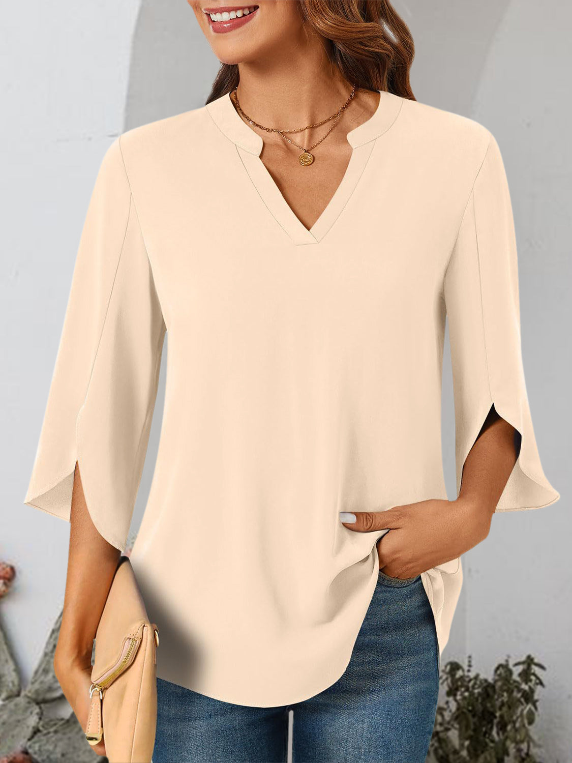 Notched Slit Half Sleeve Blouse