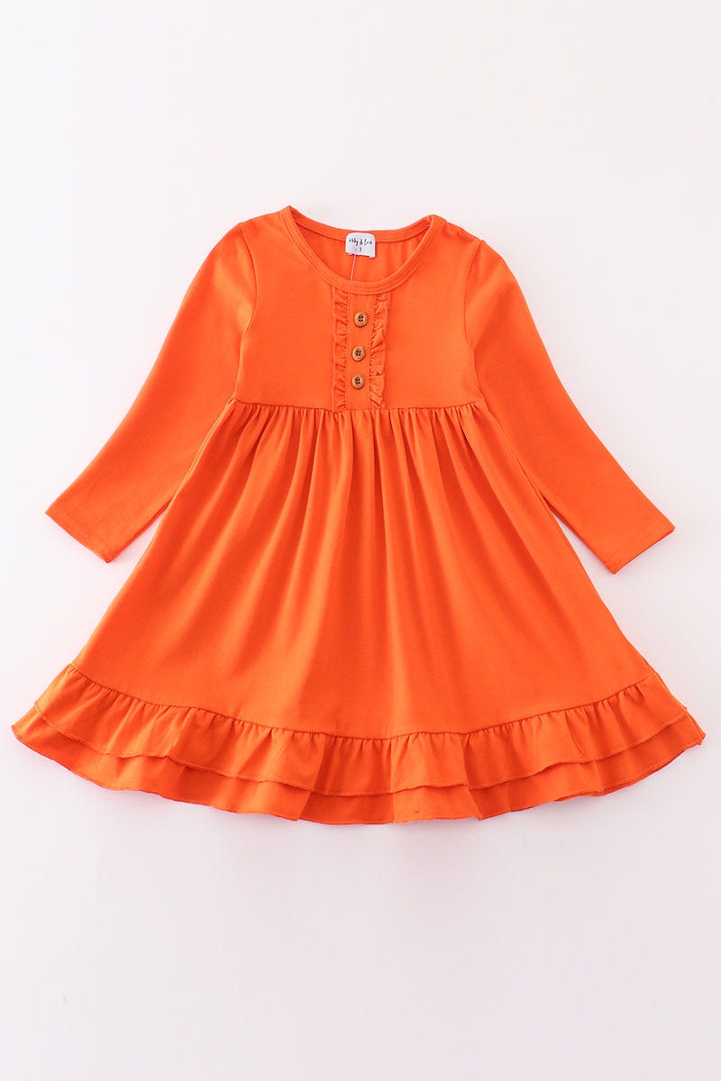 Orange girls' ruffle dress with long sleeves by Abby & Evie, perfect for 12-month-old girls, featuring a cute, ruffled design.