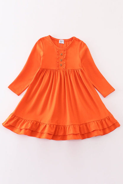 Orange girls' ruffle dress with long sleeves by Abby & Evie, perfect for 12-month-old girls, featuring a cute, ruffled design.