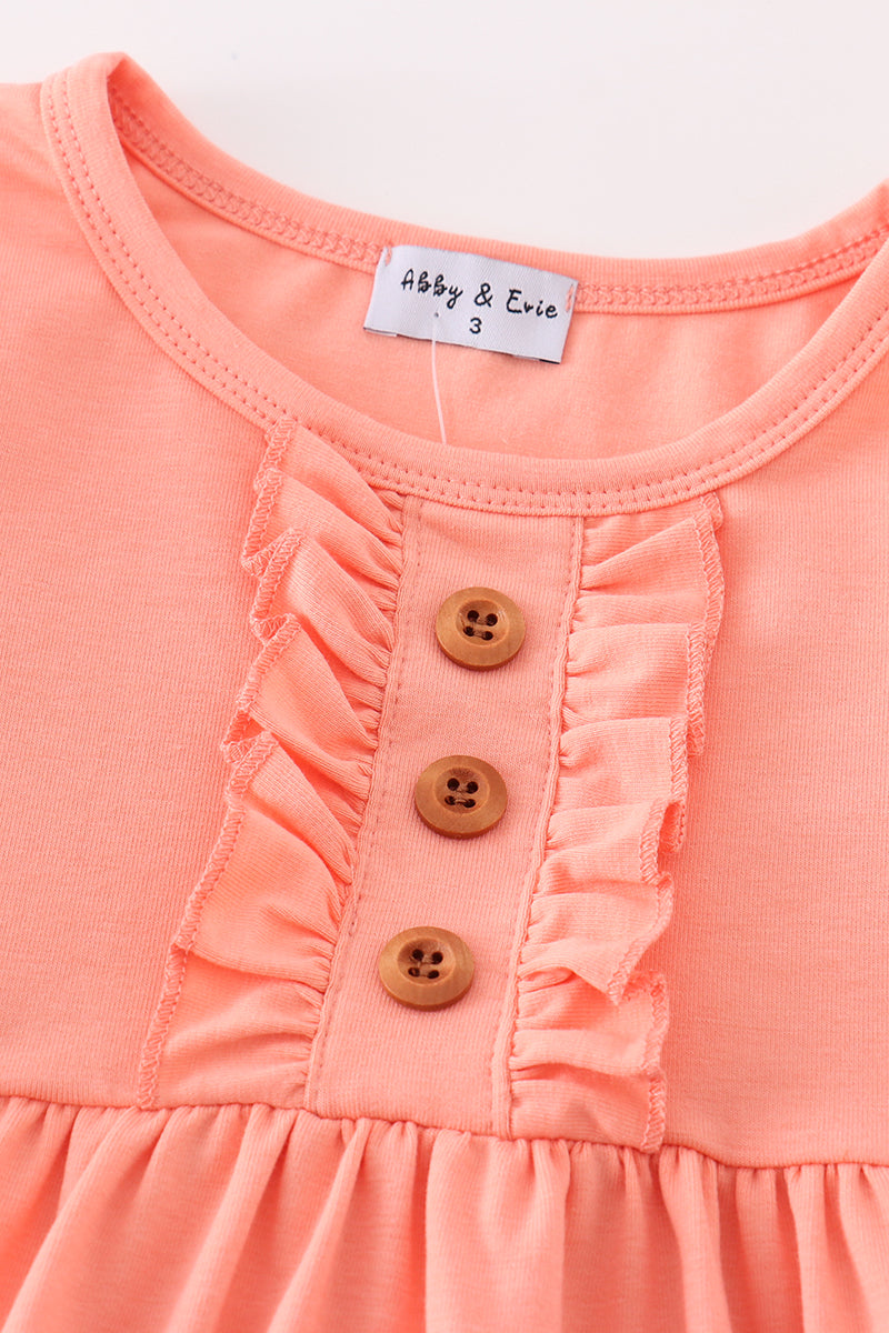 Orange girls' ruffle dress with long sleeves by Abby & Evie, perfect for 12-month-old girls, featuring a charming, playful design.