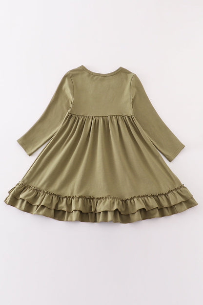 Girls ruffle dress with long sleeves by Abby & Evie in orange, perfect for 12-month-old girls, featuring a charming ruffle design.