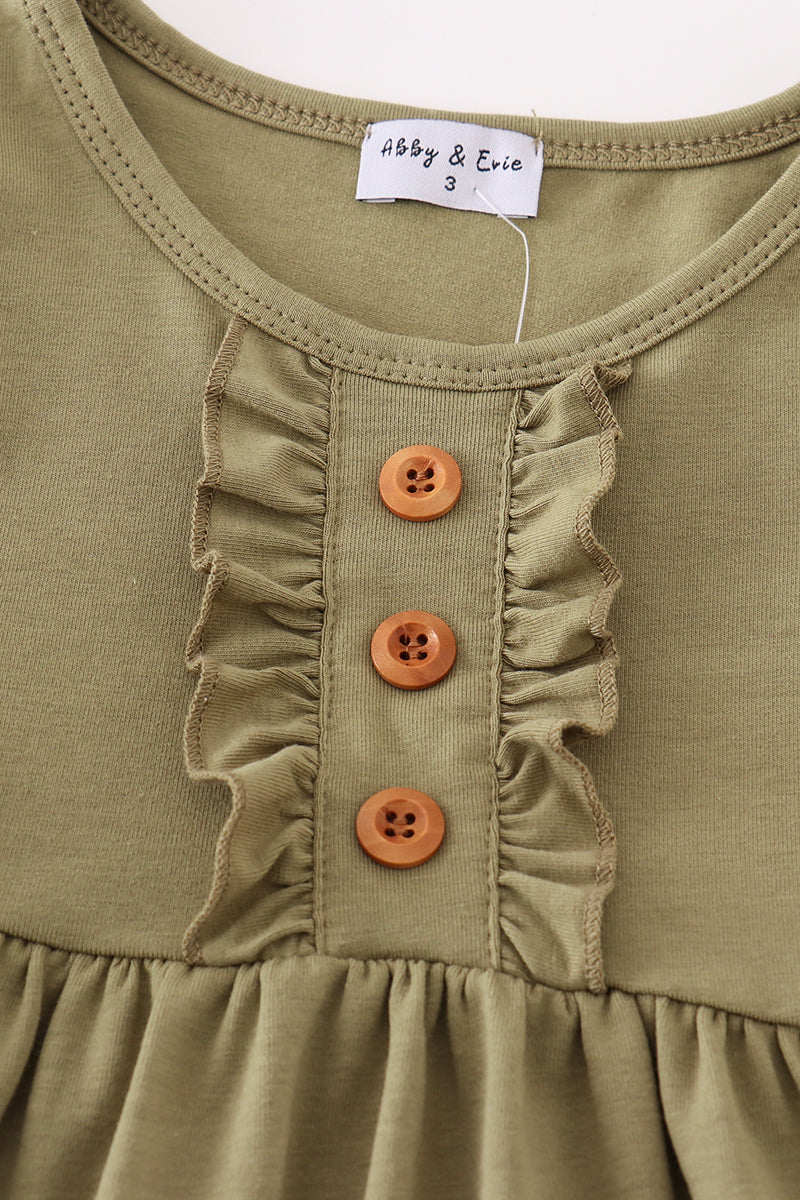 Girls ruffle dress with long sleeves by Abby & Evie, orange color, perfect for 12-month-old girls, detailed ruffle design.