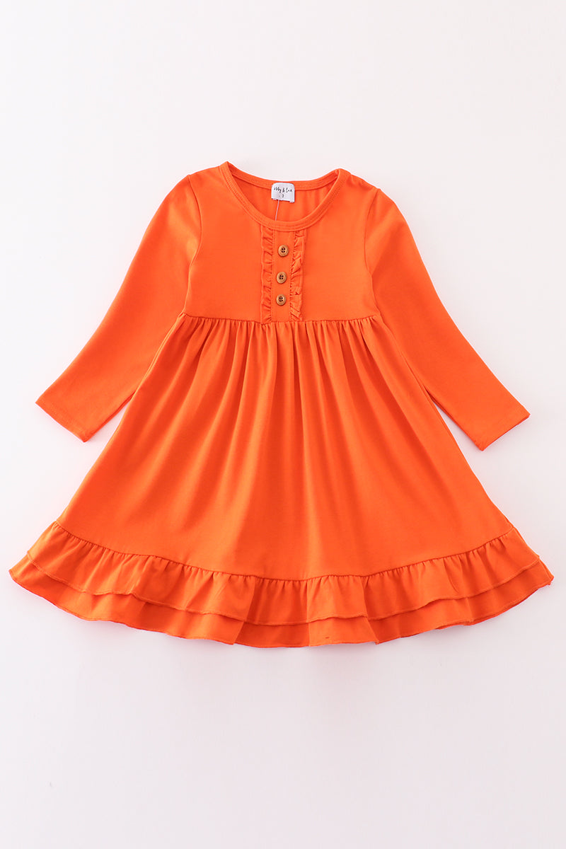 Orange girls' ruffle dress with long sleeves by Abby & Evie, perfect for 12-month-old girls, featuring charming ruffle details.