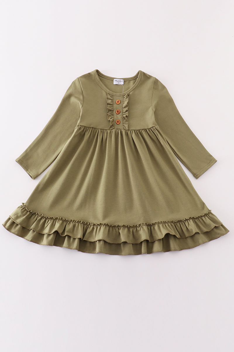 Girls orange ruffle dress with long sleeves by Abby & Evie, perfect for 12-month-old girls, featuring cute ruffle details.