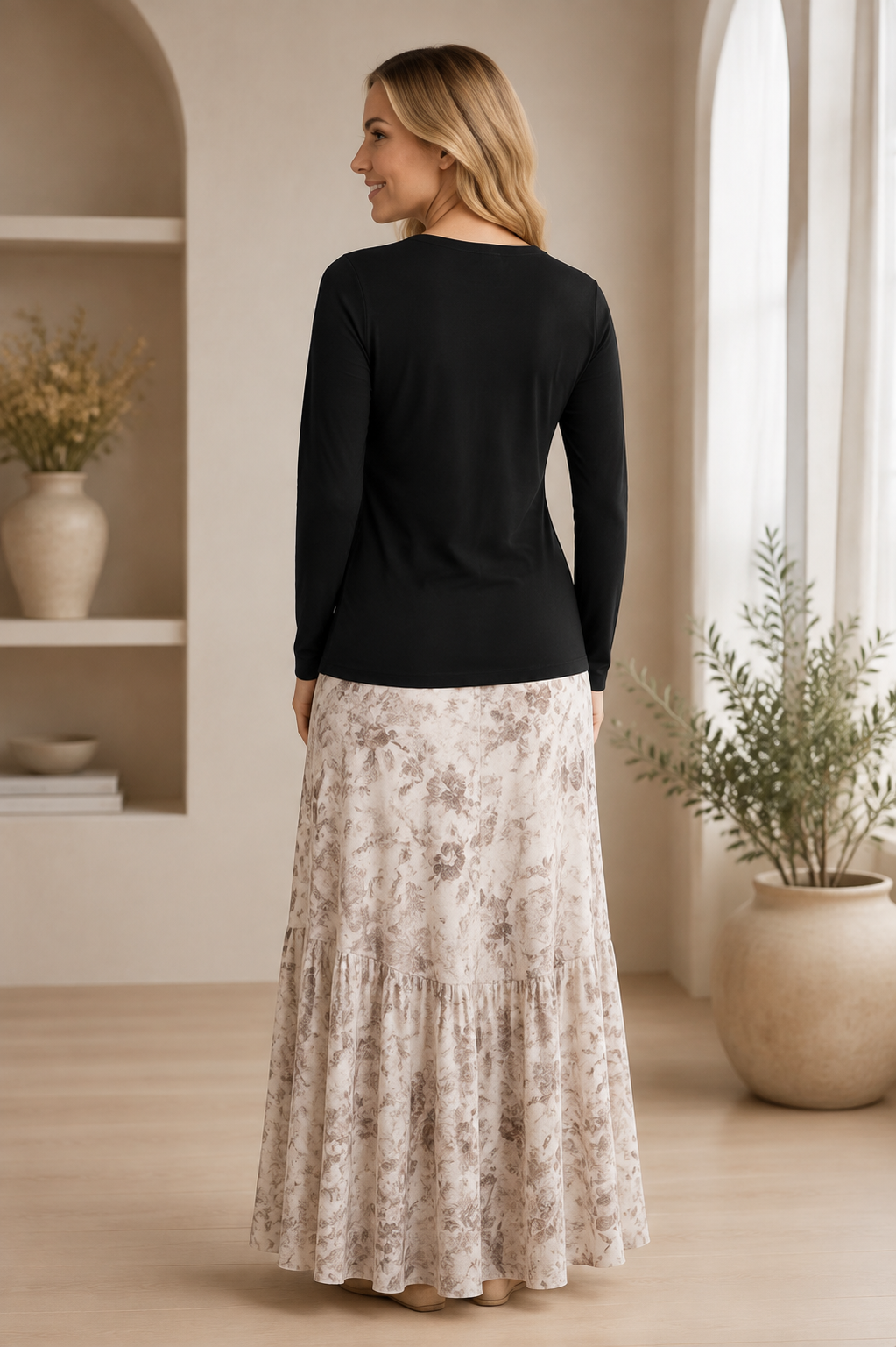 ModestAndDevoted ladies long sleeve layering top in basic colors, close-up of soft fabric and fitted design for casual wear