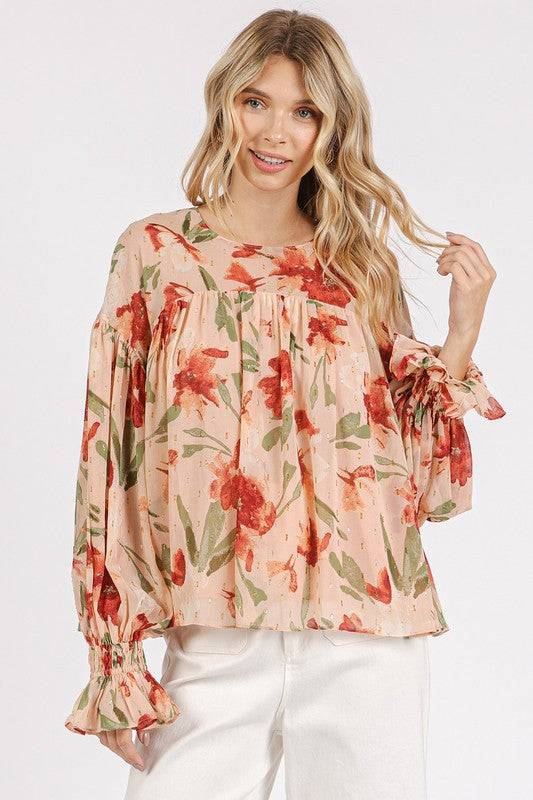 Mittoshop Floral Round Neck Flounce Sleeve Blouse