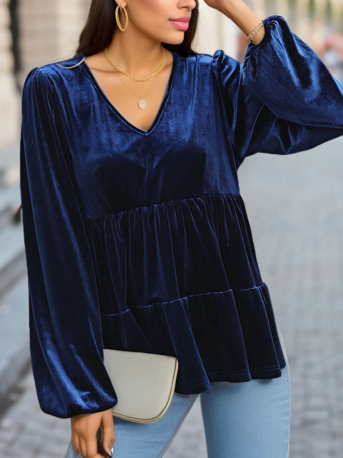 Perfee V-Neck Balloon Sleeve Peplum Blouse