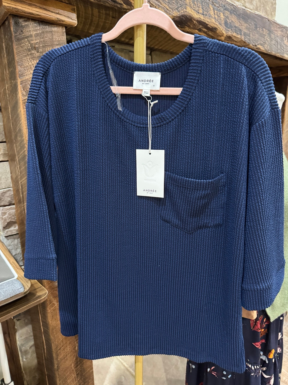 Andree navy ribbed pocket top front view