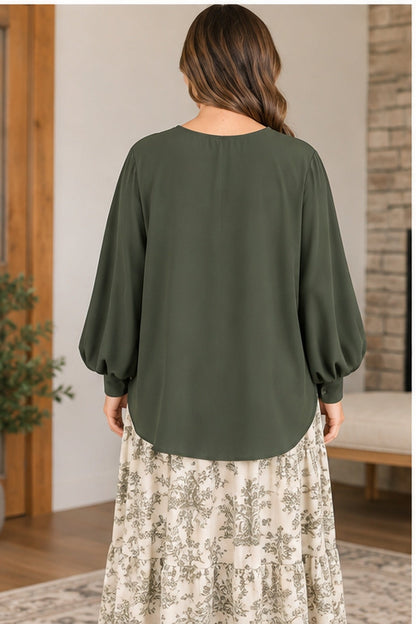 Back view of Andree olive long sleeve blouse