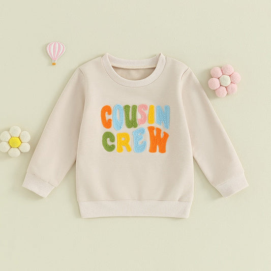 Baby and toddler fuzzy letter embroidery crew neck pullover in long sleeves, suitable for boys and girls, by August + Willow.