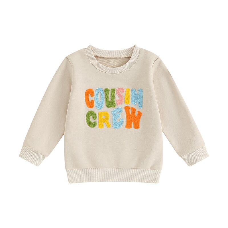 Cute toddler long sleeve pullover with fuzzy letter embroidery, round neck, and cozy fit for boys and girls by August + Willow.