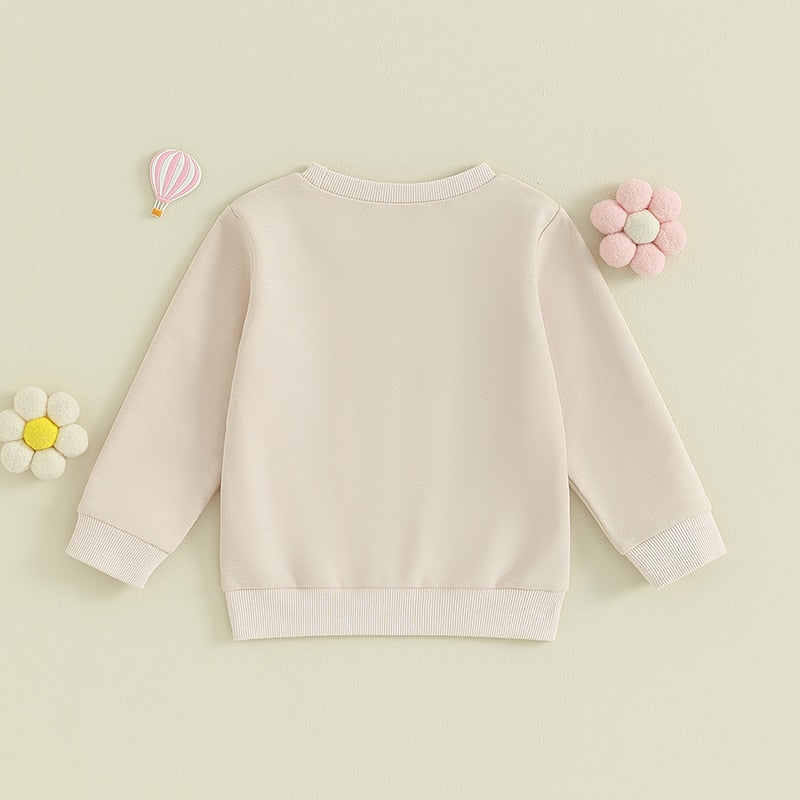 Baby and toddler fuzzy letter embroidery crew neck pullover by August + Willow, long sleeve, cozy loose fit for boys and girls.