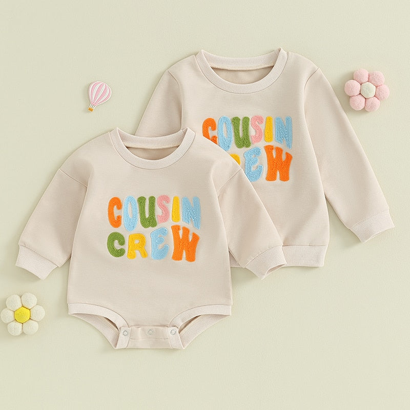Baby and toddler fuzzy letter embroidery crew neck pullover by August + Willow, long sleeve, round neck, cozy and loose fit for boys and girls.