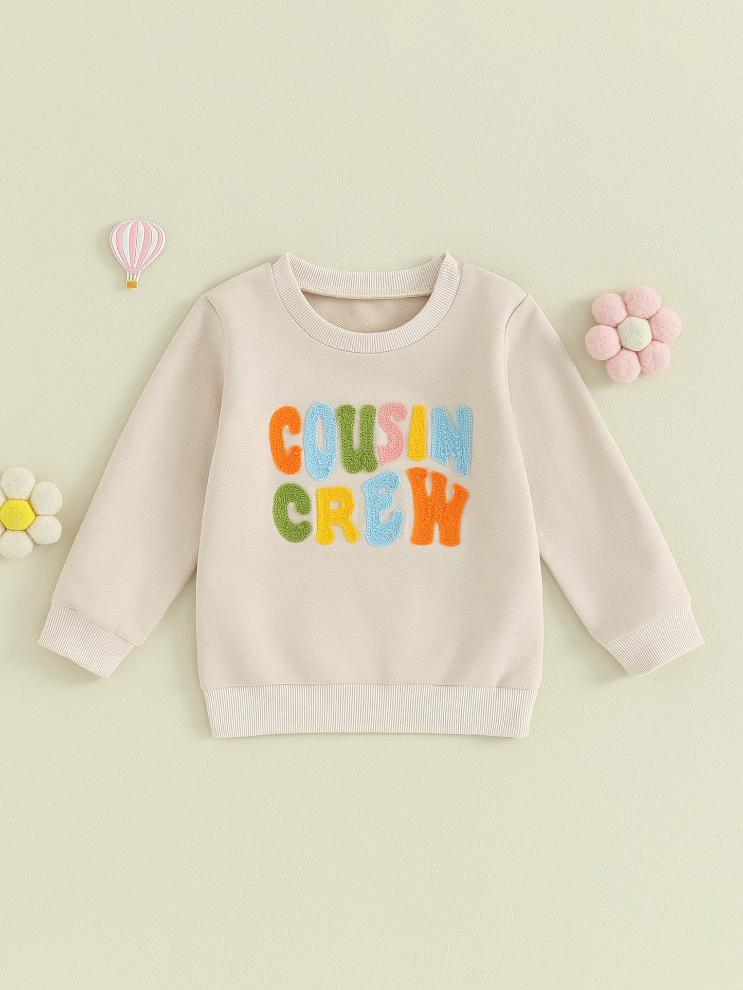 Cute toddler fuzzy letter embroidery crew neck pullover by August + Willow, featuring long sleeves and cozy, loose fit for boys and girls.