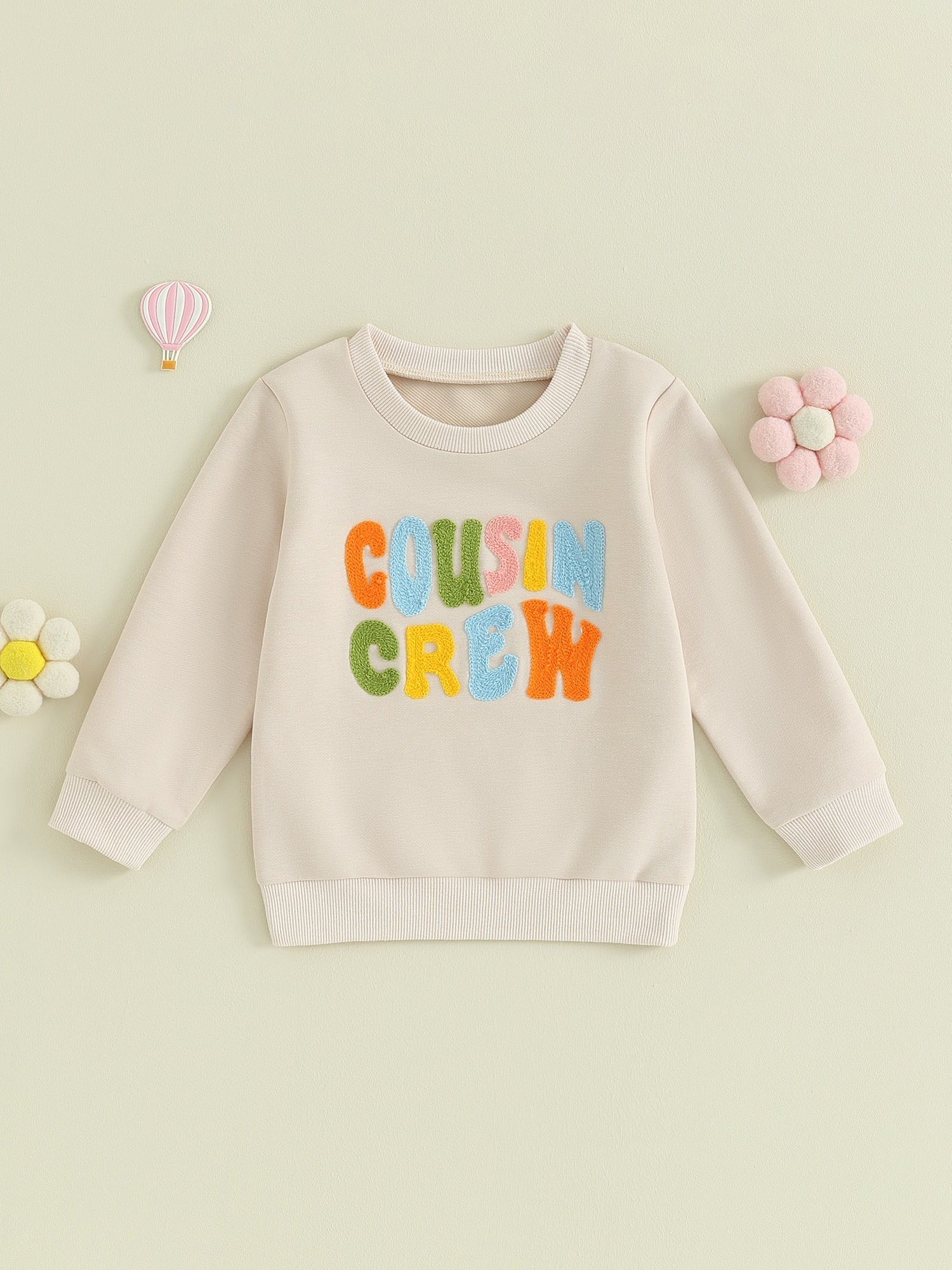 Cute toddler fuzzy letter embroidery crew neck pullover by August + Willow, featuring long sleeves and cozy, loose fit for boys and girls.