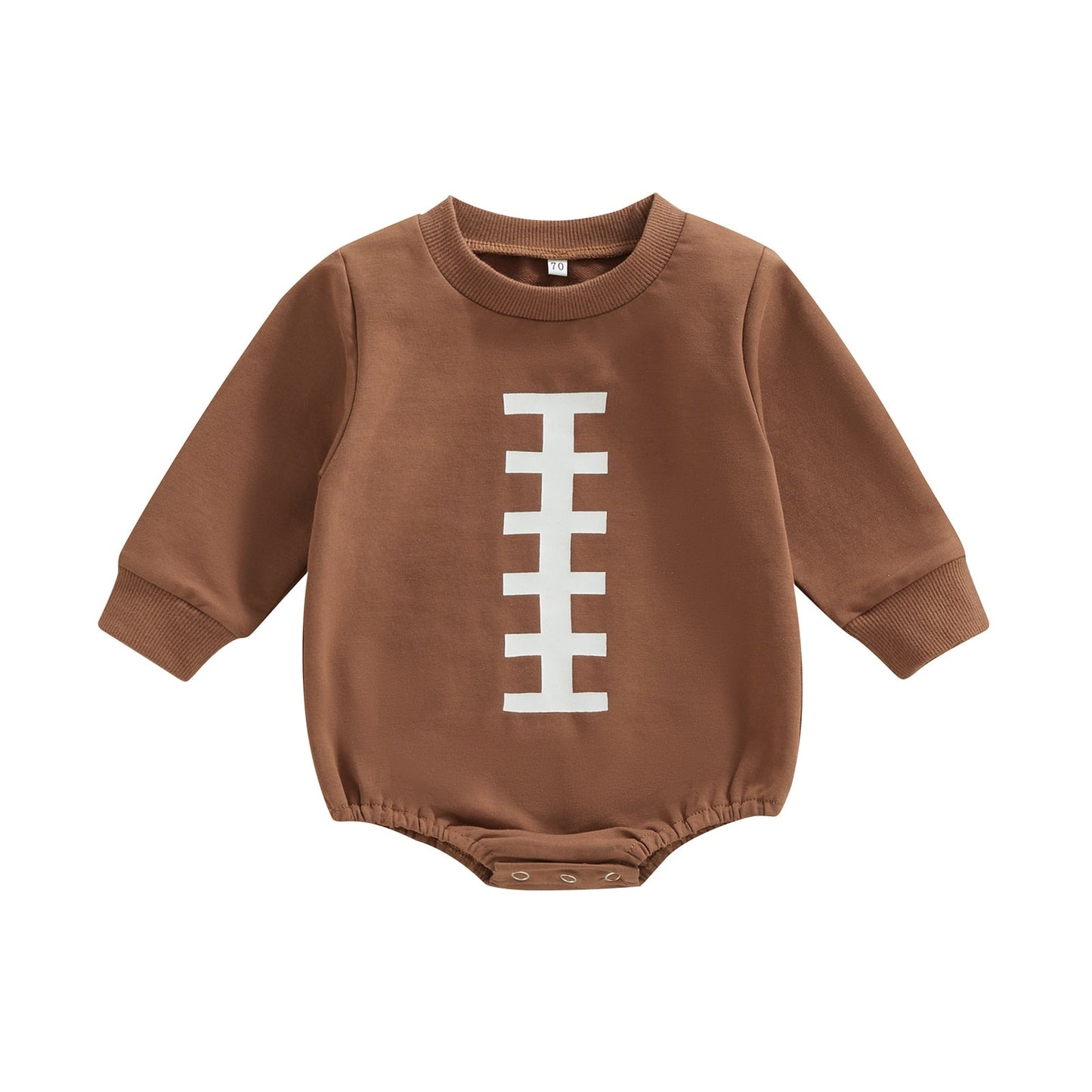 Baby toddler jumpsuit with rugby football print, long sleeves, round neck, snap closure, bubble style by August + Willow.