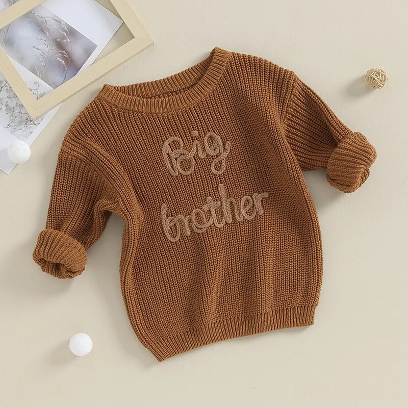 Toddler boys' army green cotton long sleeve sweater with letter embroidery, loose knit, Big Brother design, by August + Willow.