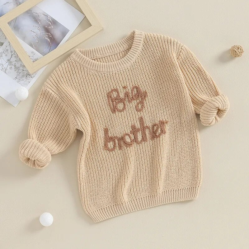 Toddler boys' army green cotton long sleeve sweater with letter embroidery, loose fit, Big Brother design, from August + Willow.