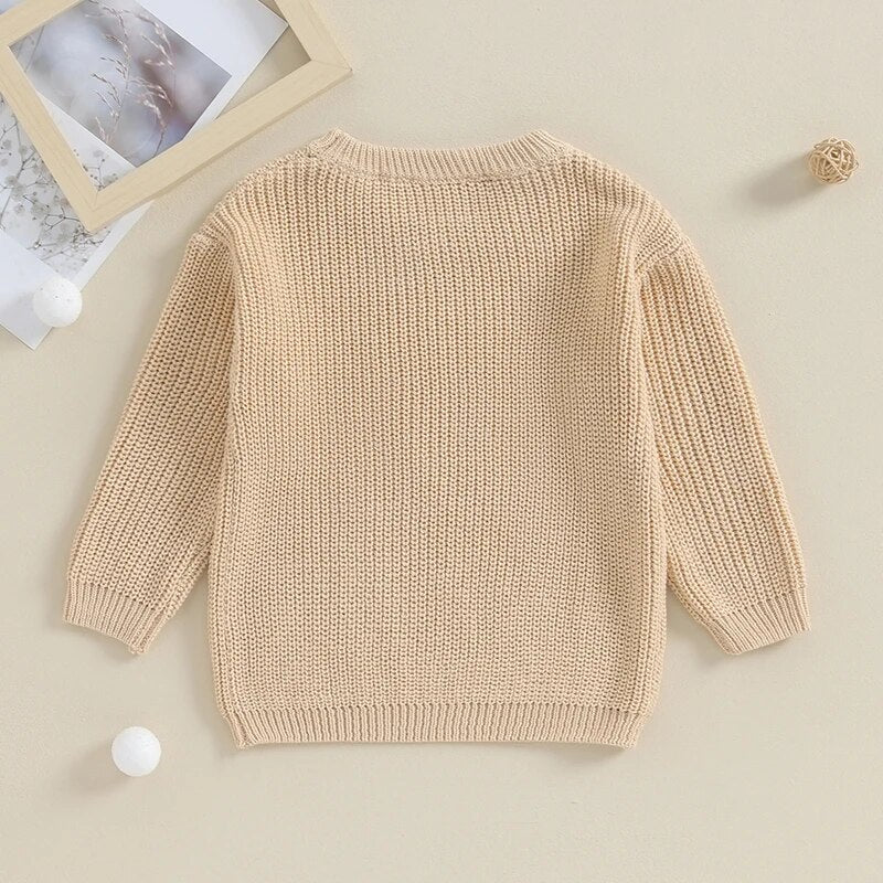 Toddler boys cotton long sleeve sweater in army green with letter embroidery, loose fit knitwear pullover by August + Willow.