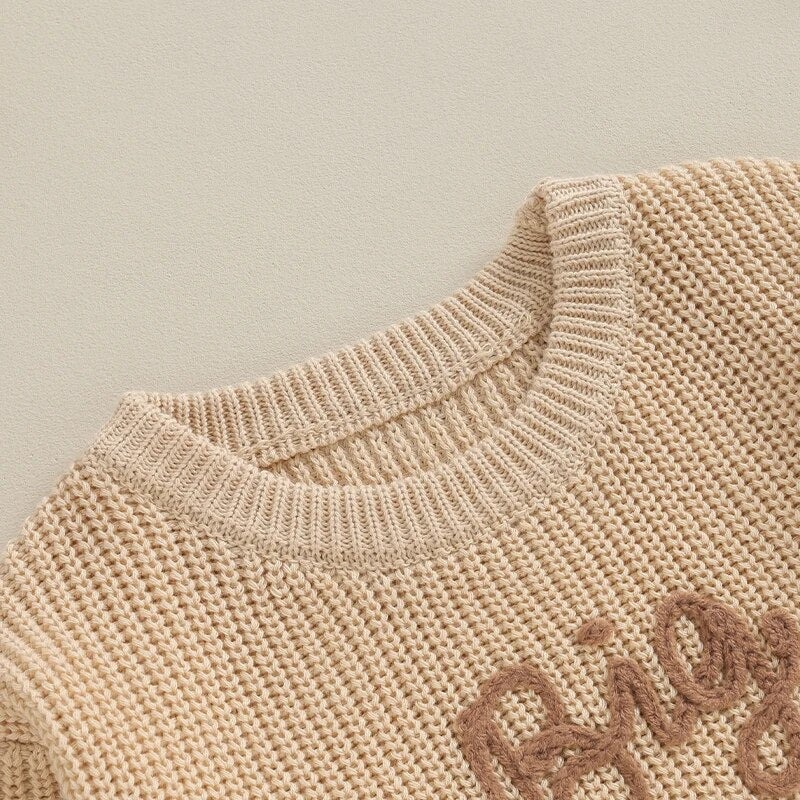 Baby toddler boys army green cotton sweater with long sleeves, letter embroidery, loose fit, perfect for Little Brother by August + Willow.