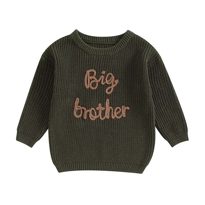Toddler boys' cotton long sleeve sweater from August + Willow with letter embroidery and loose fit in army green.