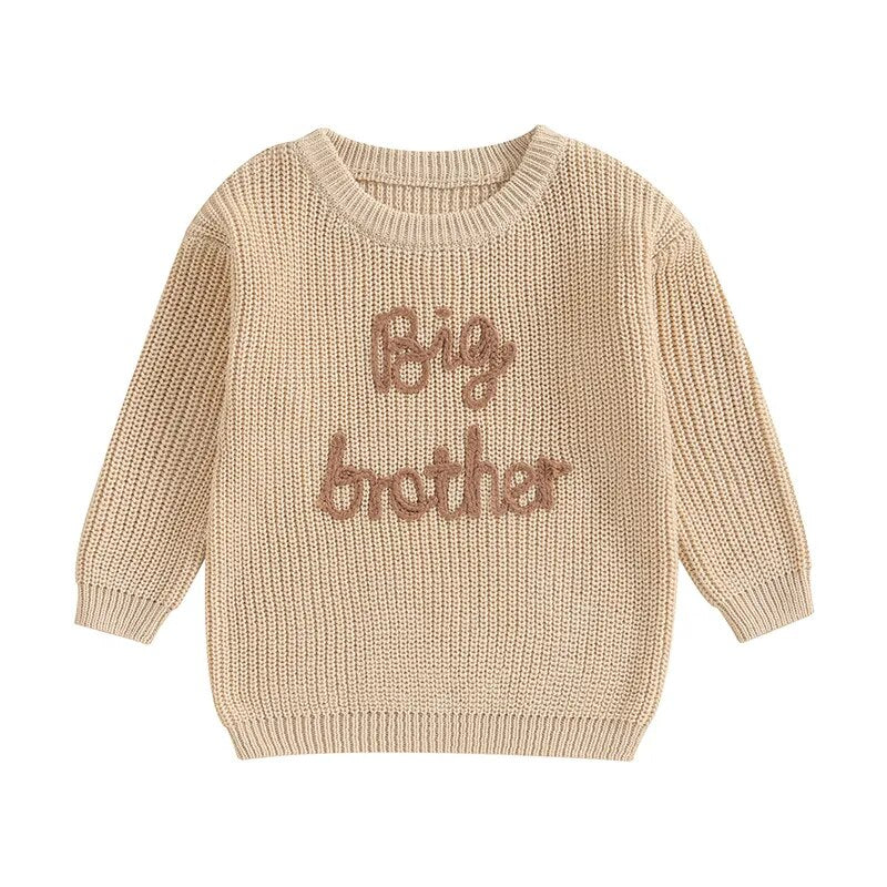 Baby toddler boys' army green cotton sweater with long sleeves and letter embroidery, featuring a loose fit and "Big Brother" design.