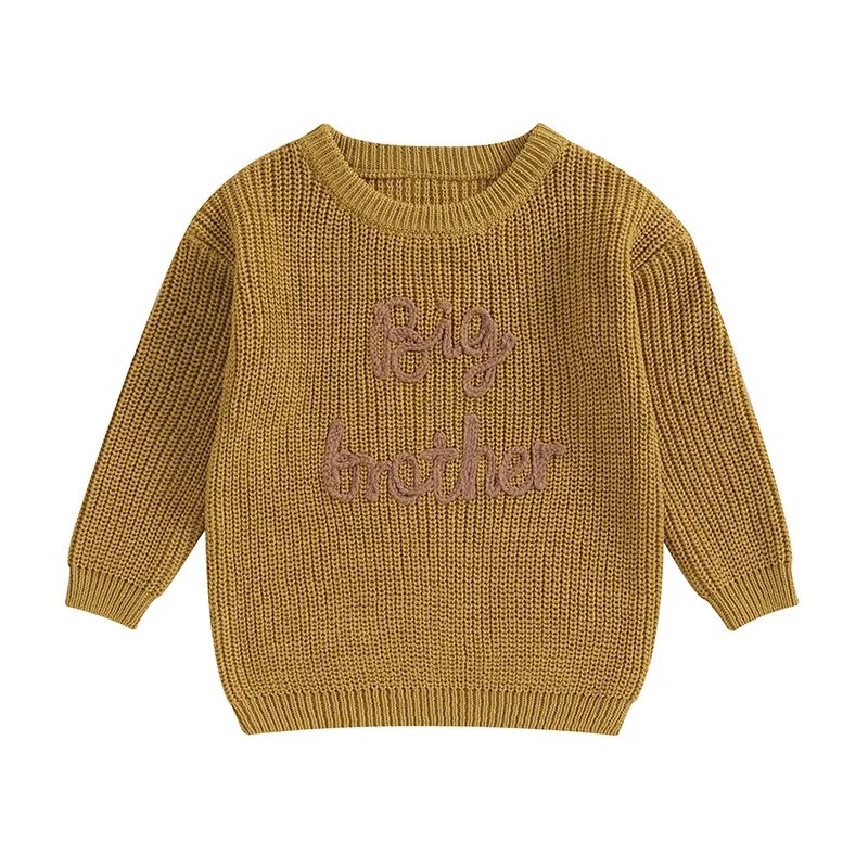 Toddler boys army green cotton long sleeve sweater with letter embroidery, loose knit, Big Brother design, from August + Willow.