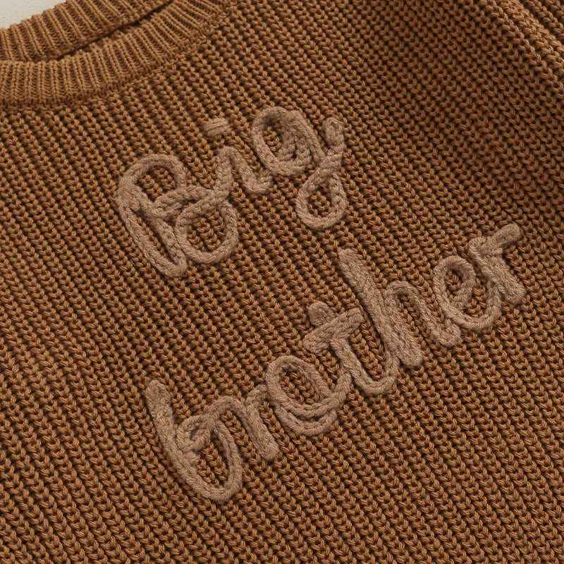 Toddler boys' cotton long sleeve sweater from August + Willow with letter embroidery, army green, loose fit, big brother pullover.