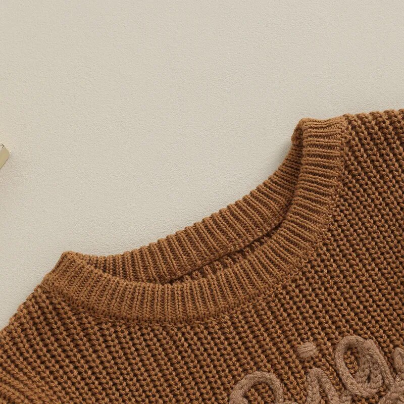 Toddler boys' army green cotton long sleeve sweater with letter embroidery, loose fit, Big Brother design, by August + Willow.