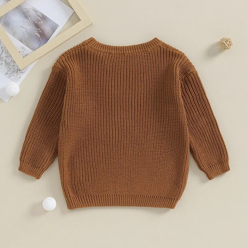 Toddler boys' army green cotton long sleeve sweater with letter embroidery, loose fit, Big Brother design, by August + Willow.