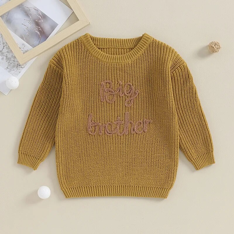 Toddler boys' army green cotton sweater with long sleeves and letter embroidery, loose knit pullover for Big Brother style.