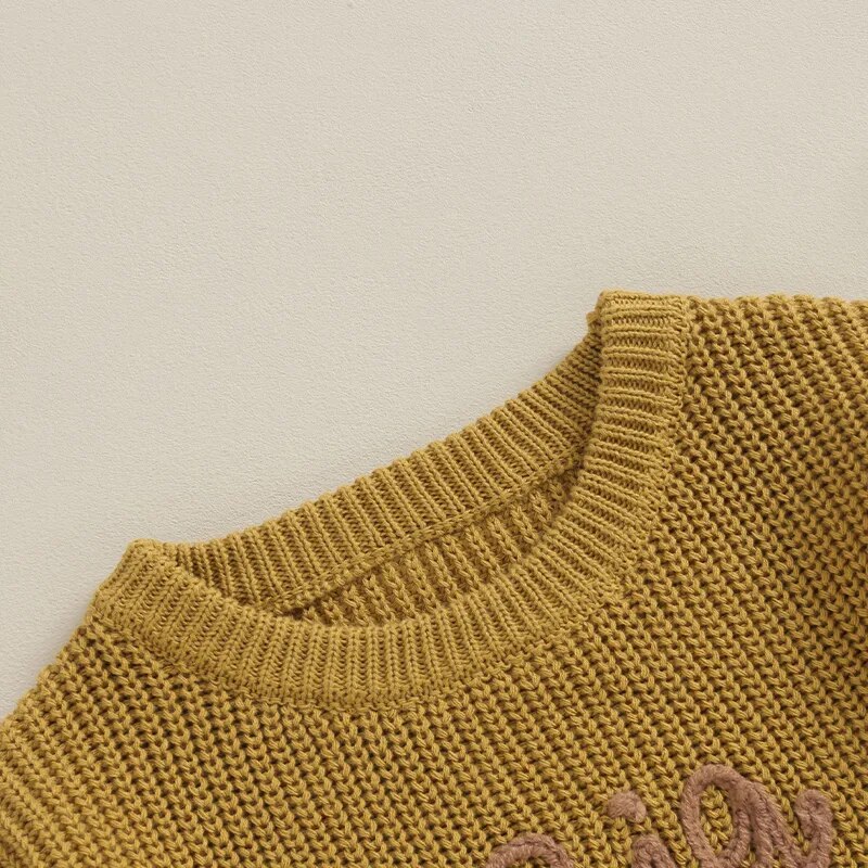 Toddler boys cotton long sleeve sweater with letter embroidery, loose knit, army green, Big Brother design by August + Willow.