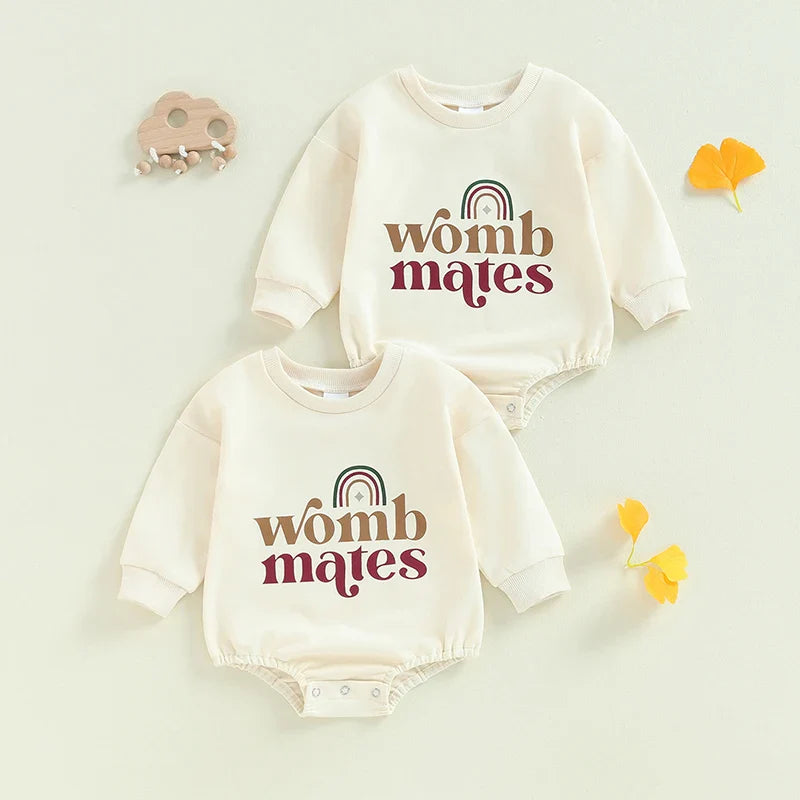 Baby girls and boys 2-piece bubble rompers by August + Willow featuring rainbow letter print long-sleeve bodysuits for twins.