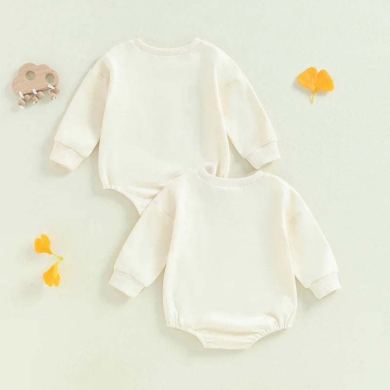 Baby girls and boys 2-piece womb makes bubble rompers by August + Willow, long sleeve rainbow letter print bodysuits for twins, beige.