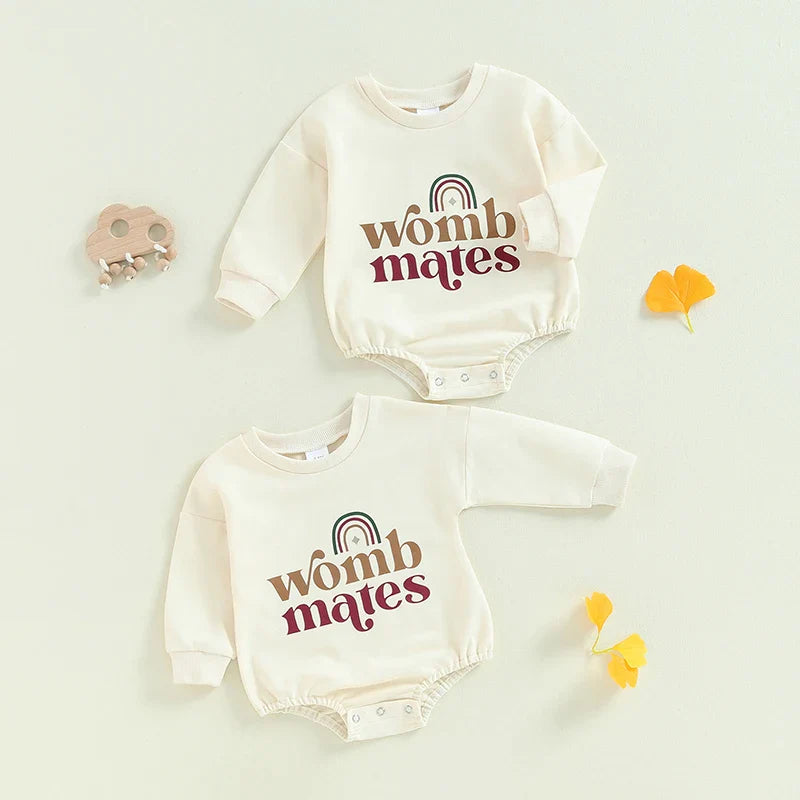 Baby girls and boys 2-piece womb makes bubble rompers by August + Willow with rainbow letter print, long sleeve bodysuits for twins.