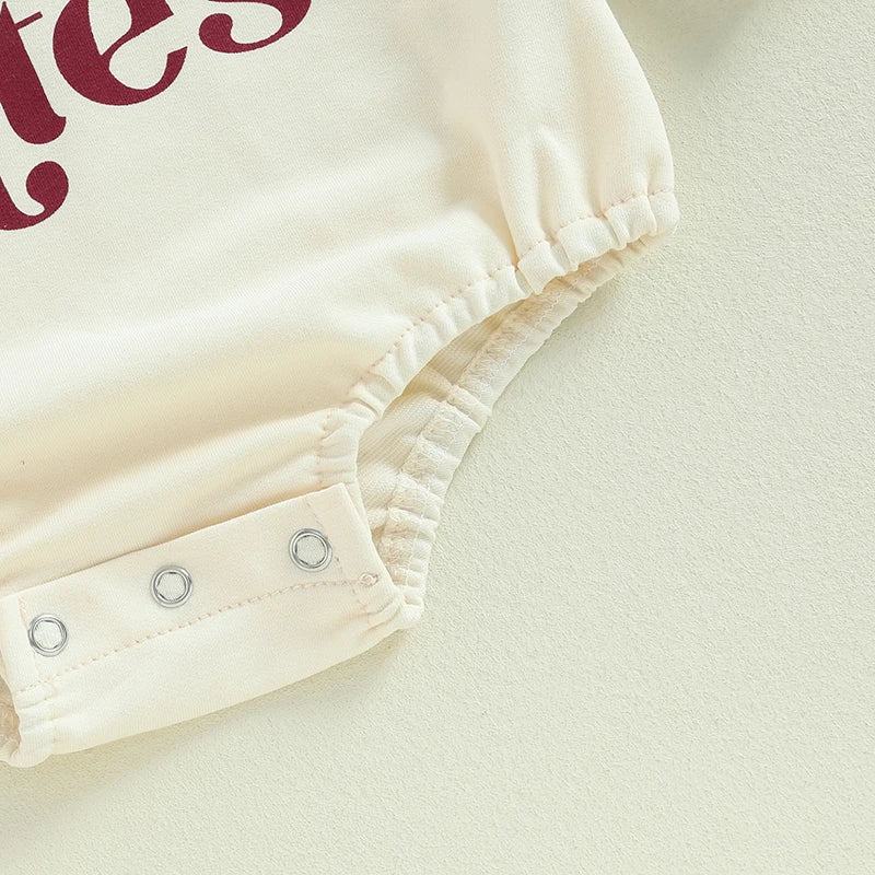 Baby girls and boys 2-piece womb makes bubble rompers by August + Willow, beige long sleeve bodysuits with rainbow letter print for twins.