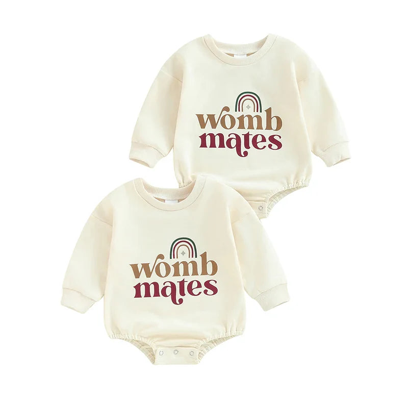 Baby girls and boys 2-piece womb makes bubble rompers with rainbow letter print, long sleeve bodysuits for twins, by August + Willow.