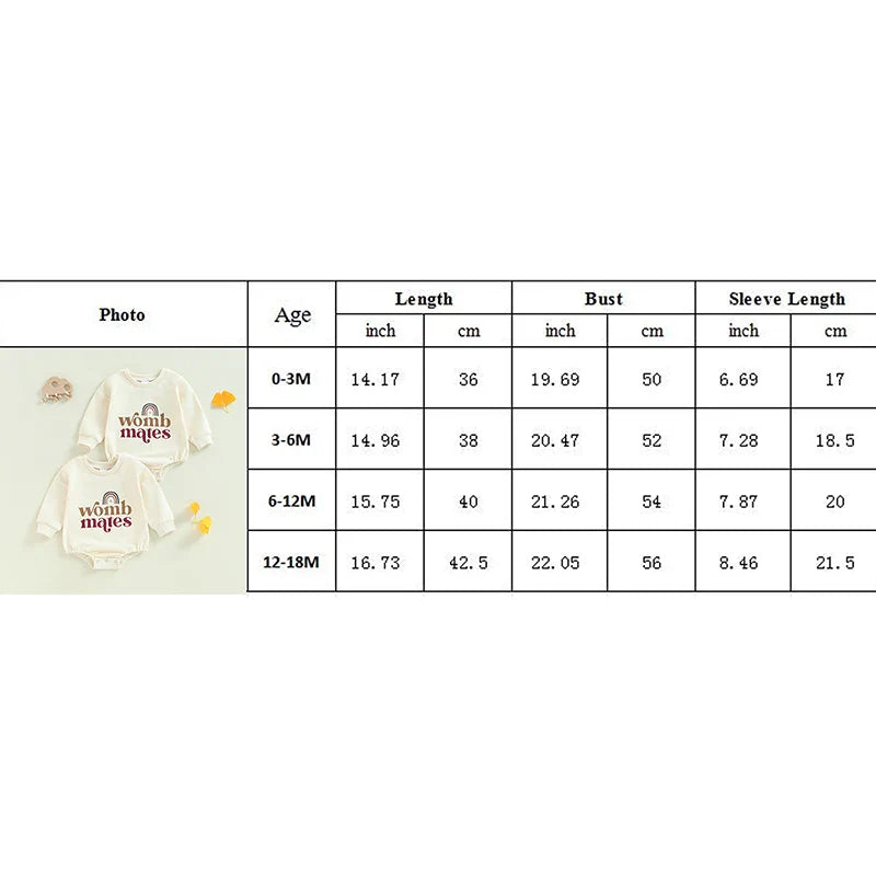 Baby girls and boys 2-piece womb makes bubble rompers by August + Willow, long sleeve rainbow letter print bodysuits for twins, beige.