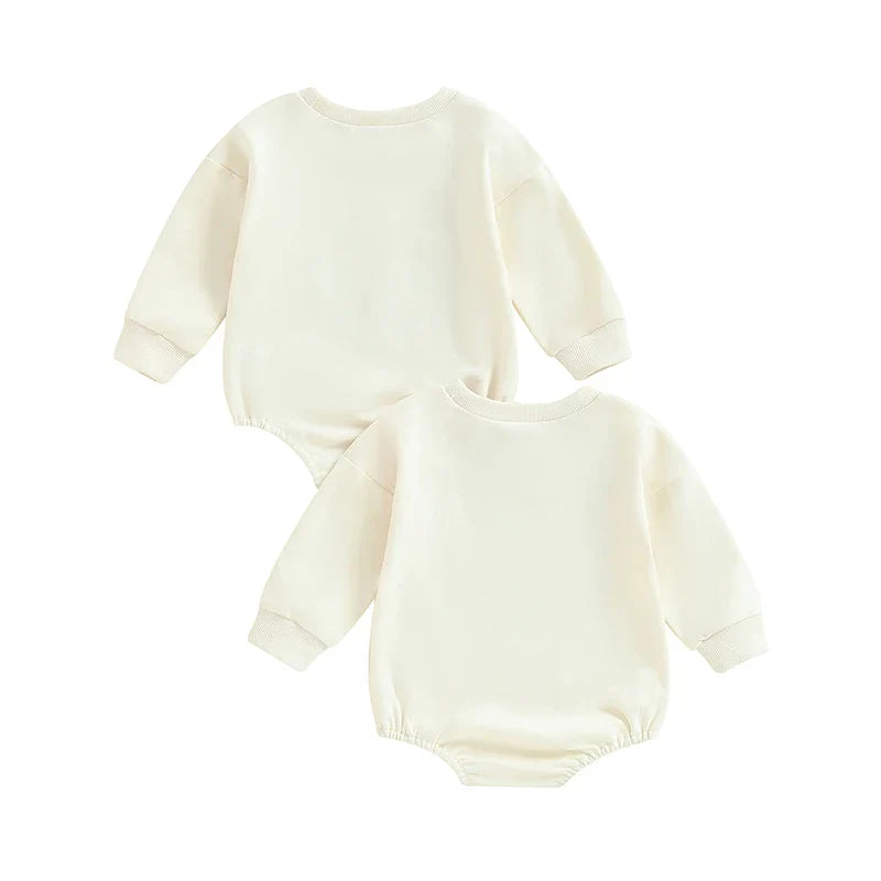 Baby girls and boys 2-piece rainbow letter print long sleeve bodysuits by August + Willow, featuring womb makes bubble rompers for twins.