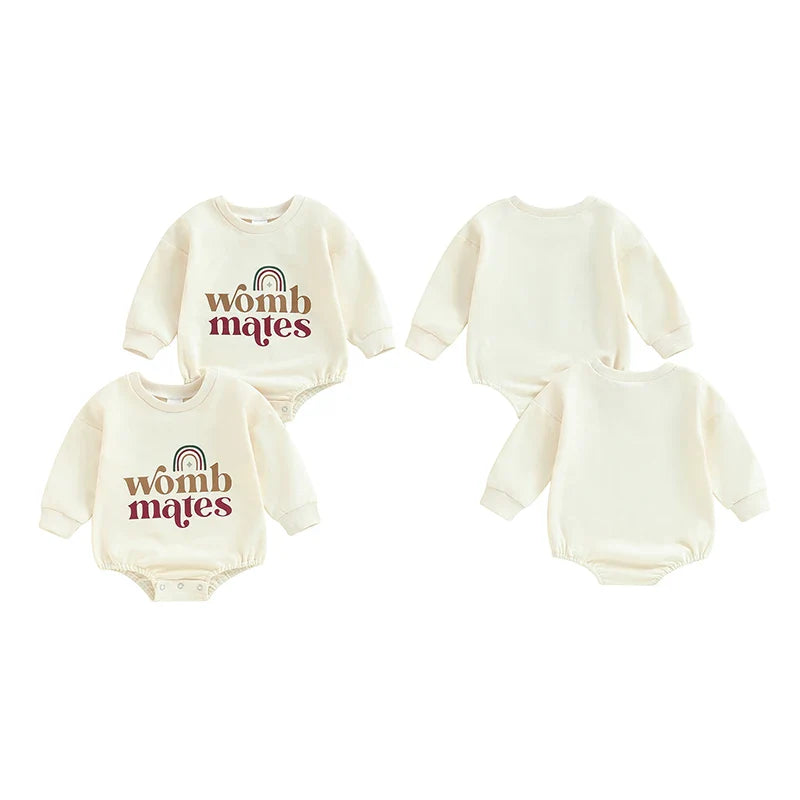 Baby girls and boys 2-piece womb makes bubble rompers by August + Willow, long sleeve bodysuits with rainbow letter print for twins.