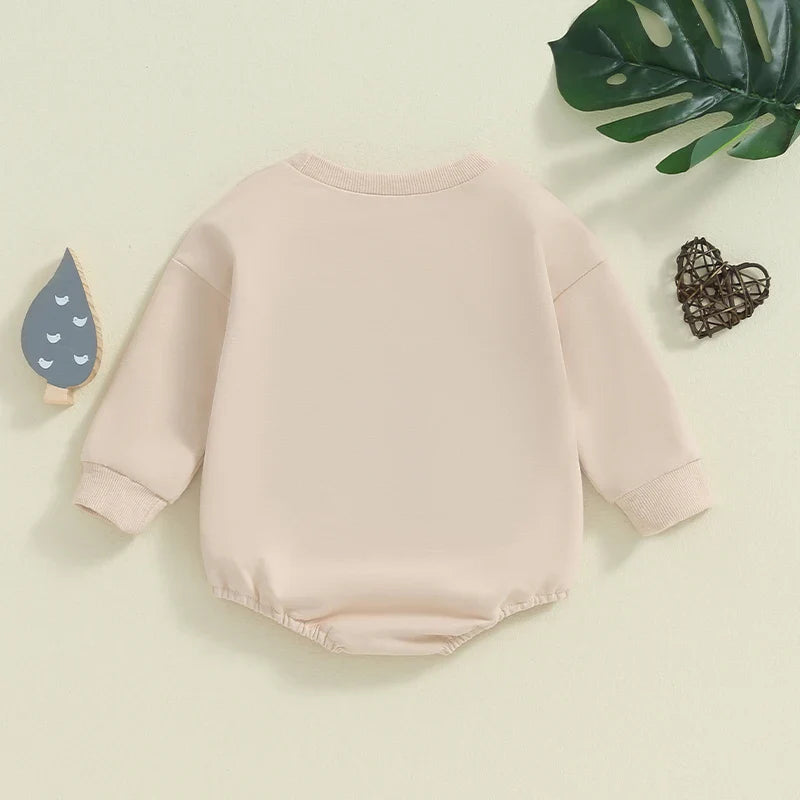 Baby girls and boys autumn romper by August + Willow, long sleeve crewneck with tractor embroidery, casual playsuit for infants.