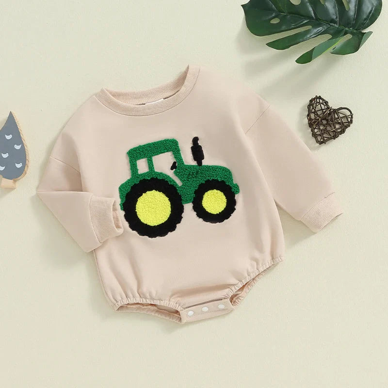 Baby girls and boys autumn romper by August + Willow, long sleeve crewneck with tractor embroidery, casual playsuit for infants.