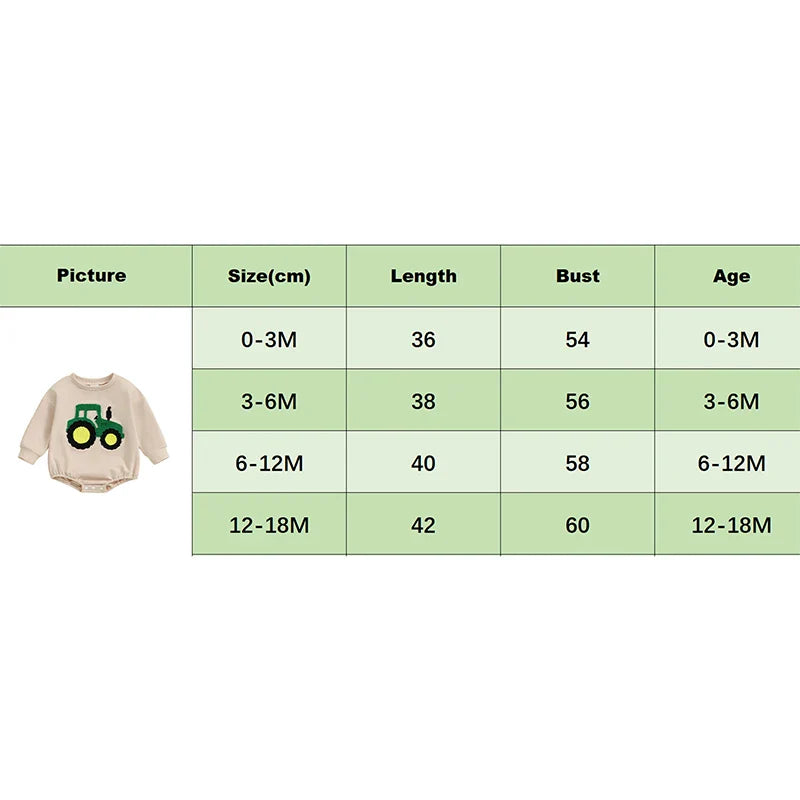 Baby girls and boys autumn romper by August + Willow, beige long sleeve playsuit with tractor embroidery for casual wear.