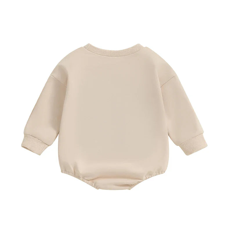 Baby girls and boys autumn romper by August + Willow, long sleeve crewneck with tractor embroidery, casual playsuit for infants.