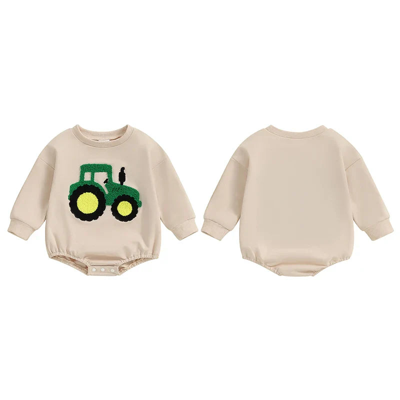 Baby girls and boys autumn romper by August + Willow, long sleeve crewneck with tractor embroidery, casual playsuit for infants.