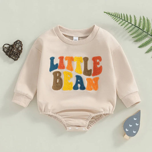 Baby girls and boys beige long sleeve bodysuit by August + Willow with letter embroidery, casual romper for 12-18 months.