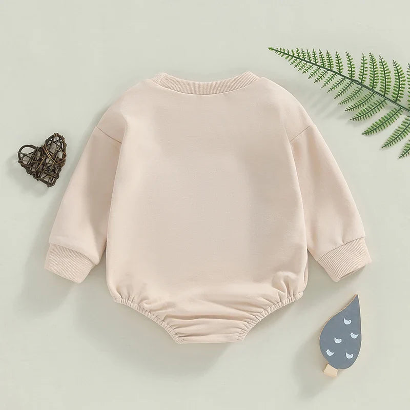 Baby girls and boys long sleeve Little Bean Bodysuit by August + Willow with letter embroidery, casual romper for 12-18 months.