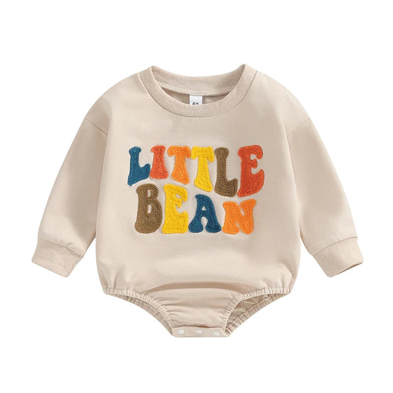Baby girls and boys long sleeve Little Bean bodysuit by August + Willow, beige casual romper with letter embroidery for 12-18 months.